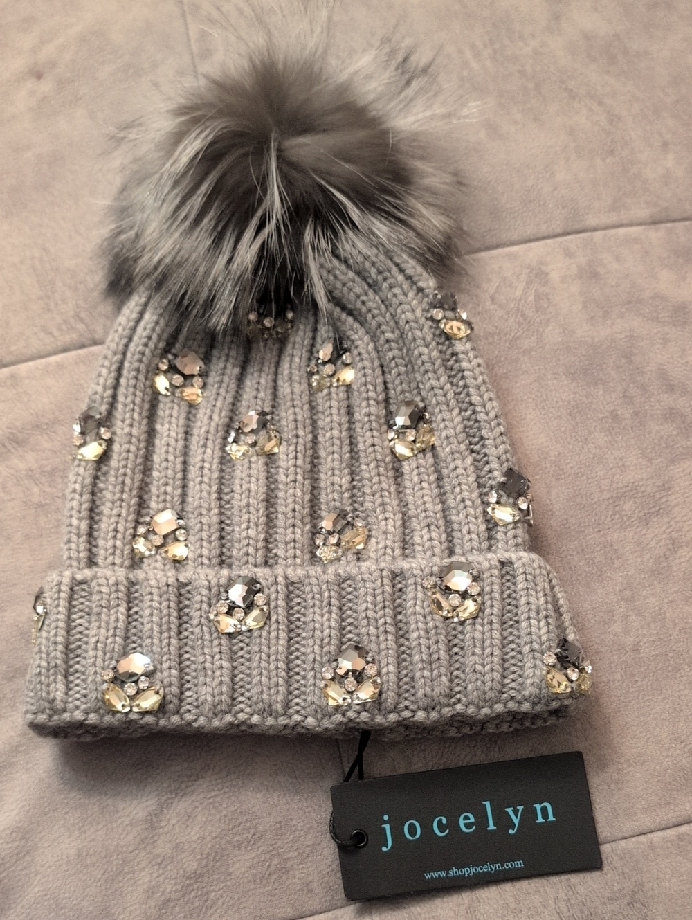 jocelyn Gray Knit Beanie with Faux Fur Pom and Gem Accents